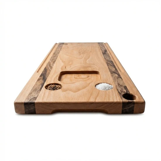 קרש חיתוך והגשה ענק המשלב גומות לפלפל, מלח ולצלוחית רטבים